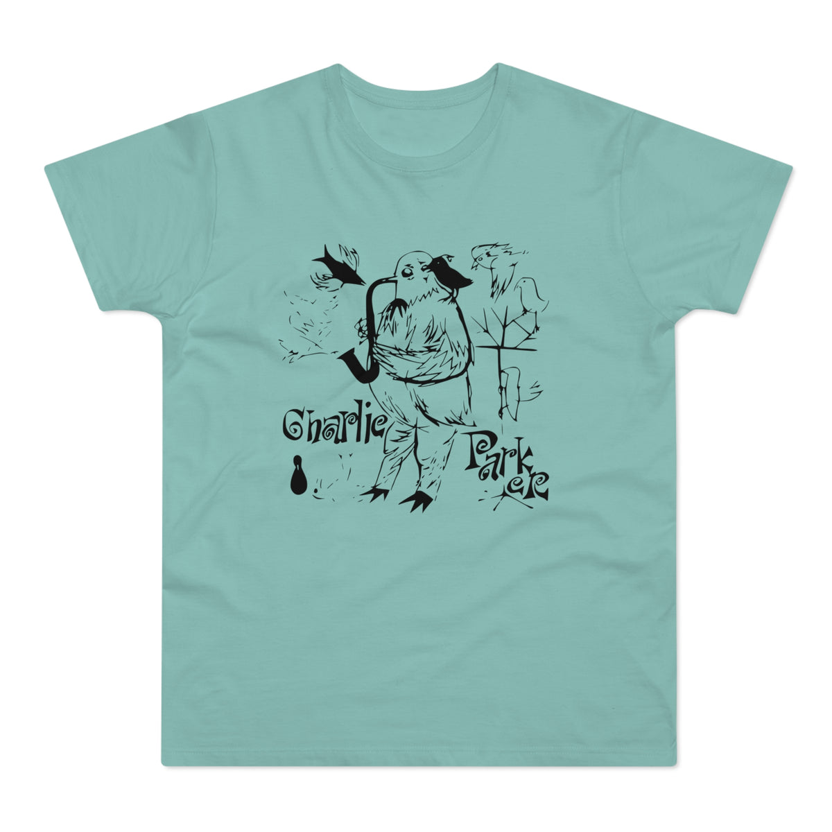 Black ink drawing of bird playing saxophone with "Charlie Parker" text on teal t-shirt.