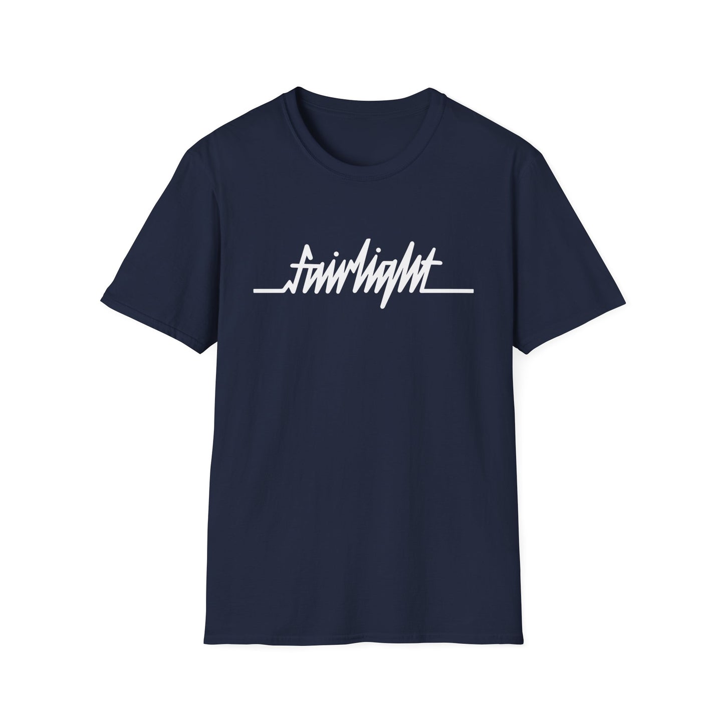 Navy t-shirt with white "fairlight" text and a horizontal line.