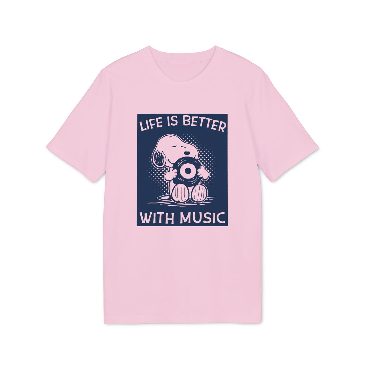 Light pink short-sleeved t-shirt featuring a Snoopy graphic holding a vinyl record and text reading LIFE IS BETTER WITH MUSIC.