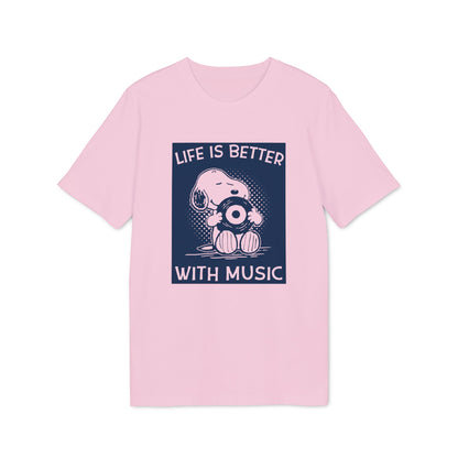 Light pink short-sleeved t-shirt featuring a Snoopy graphic holding a vinyl record and text reading LIFE IS BETTER WITH MUSIC.