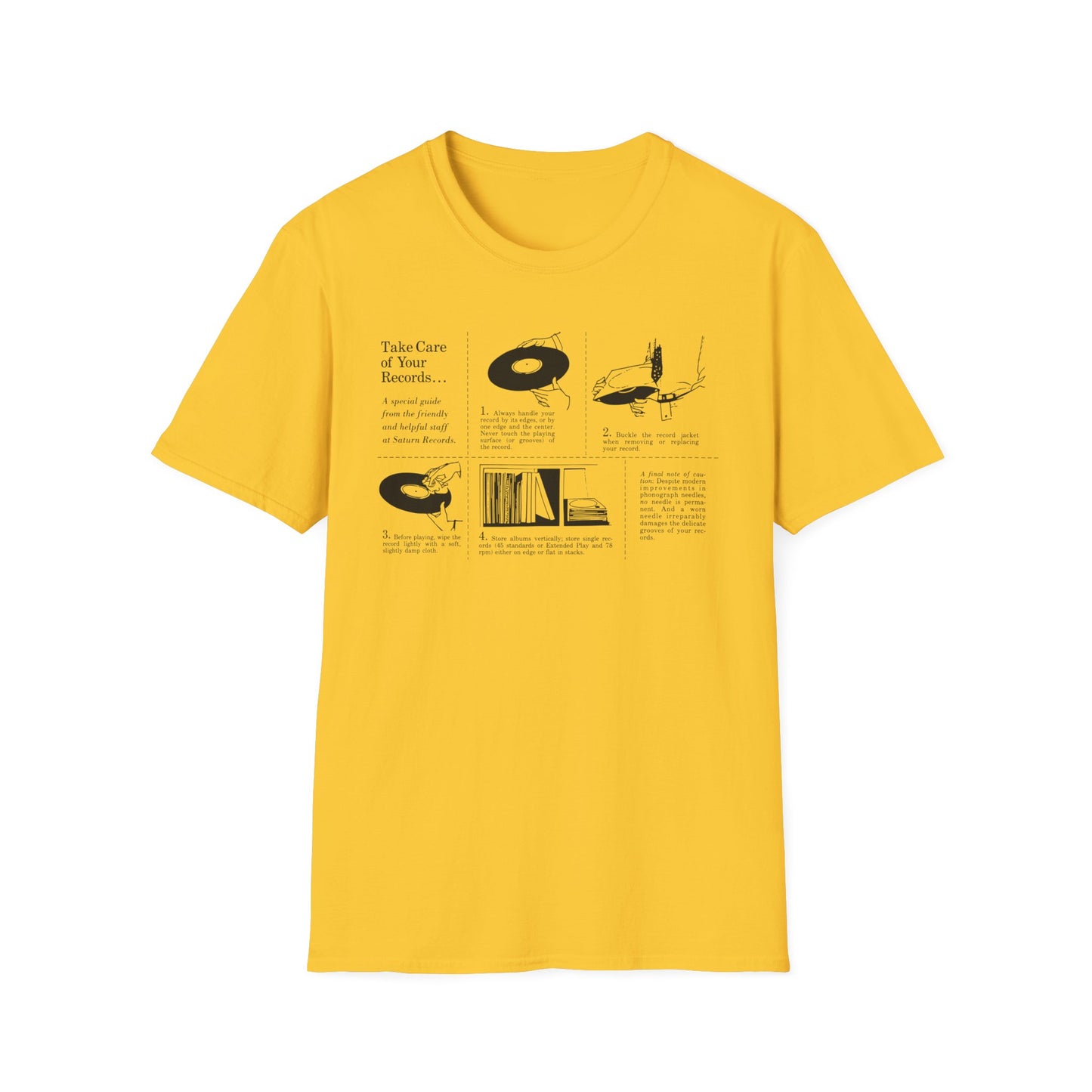 Yellow t-shirt with black graphic showing how to care for vinyl records.