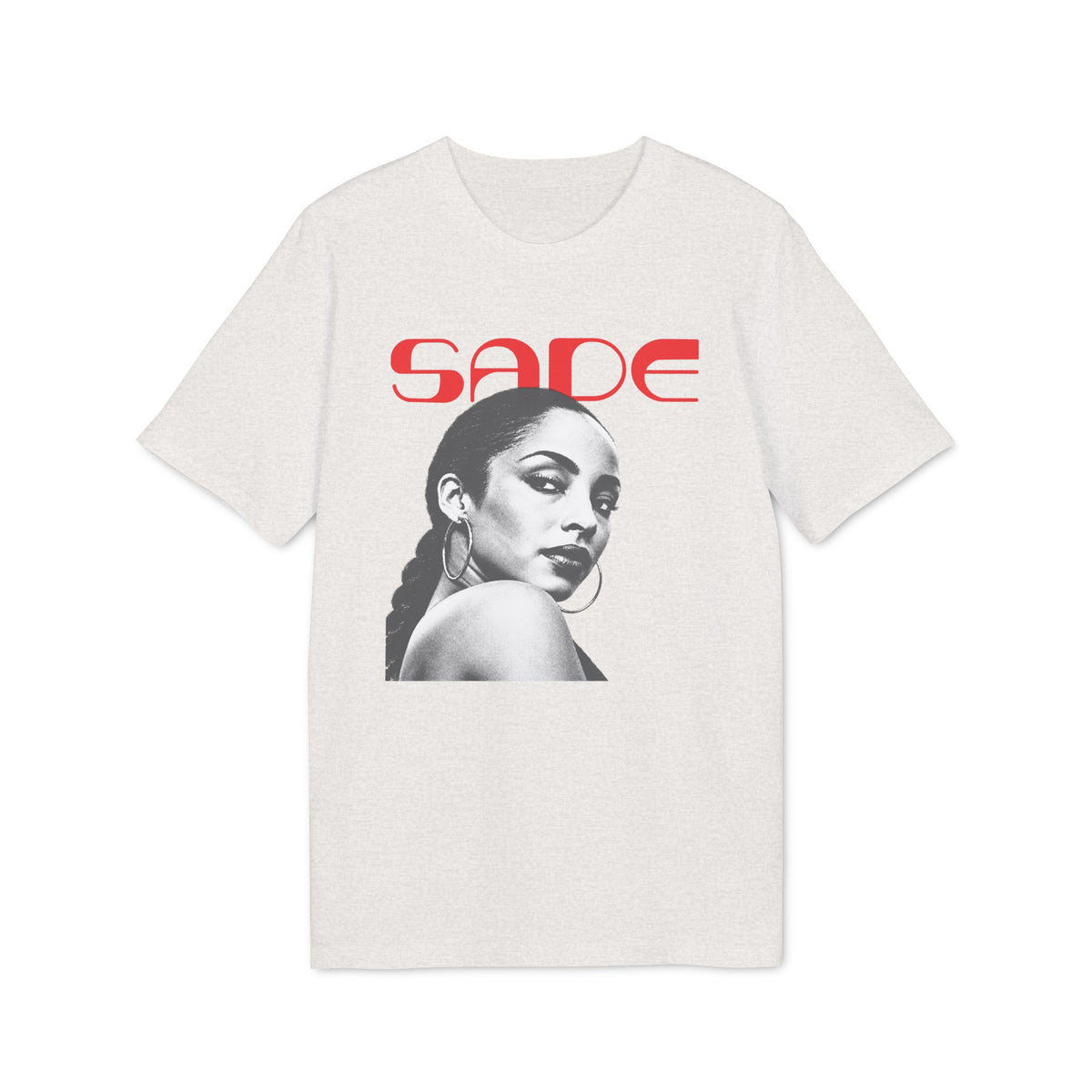 A light grey t-shirt featuring a black and white portrait of Sade and red Sade text.