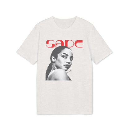 A light grey t-shirt featuring a black and white portrait of Sade and red Sade text.