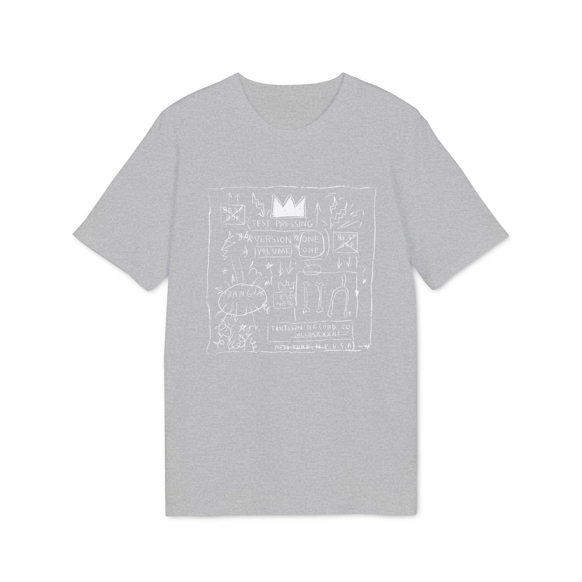 Heather gray crewneck t-shirt featuring a white graffiti-style graphic on the chest.