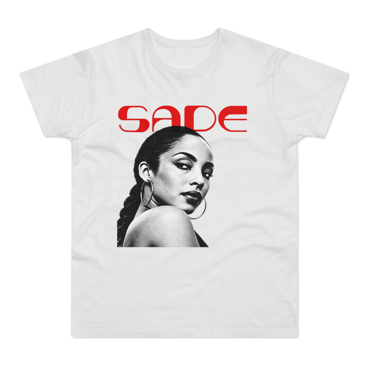 A white t-shirt featuring a black and white portrait of Sade with red text above it.