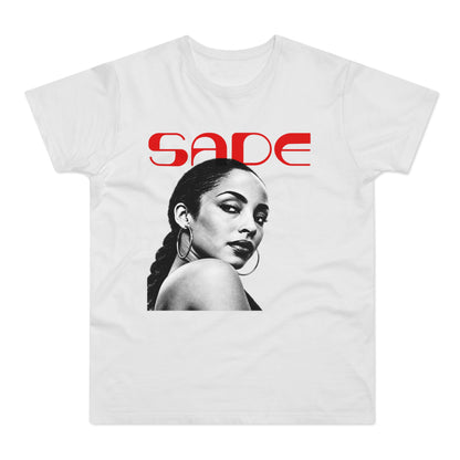 A white t-shirt featuring a black and white portrait of Sade with red text above it.