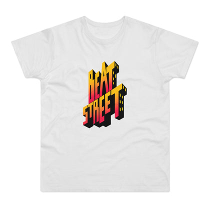 White t-shirt with "BEAT STREET" in 3D cityscape text.