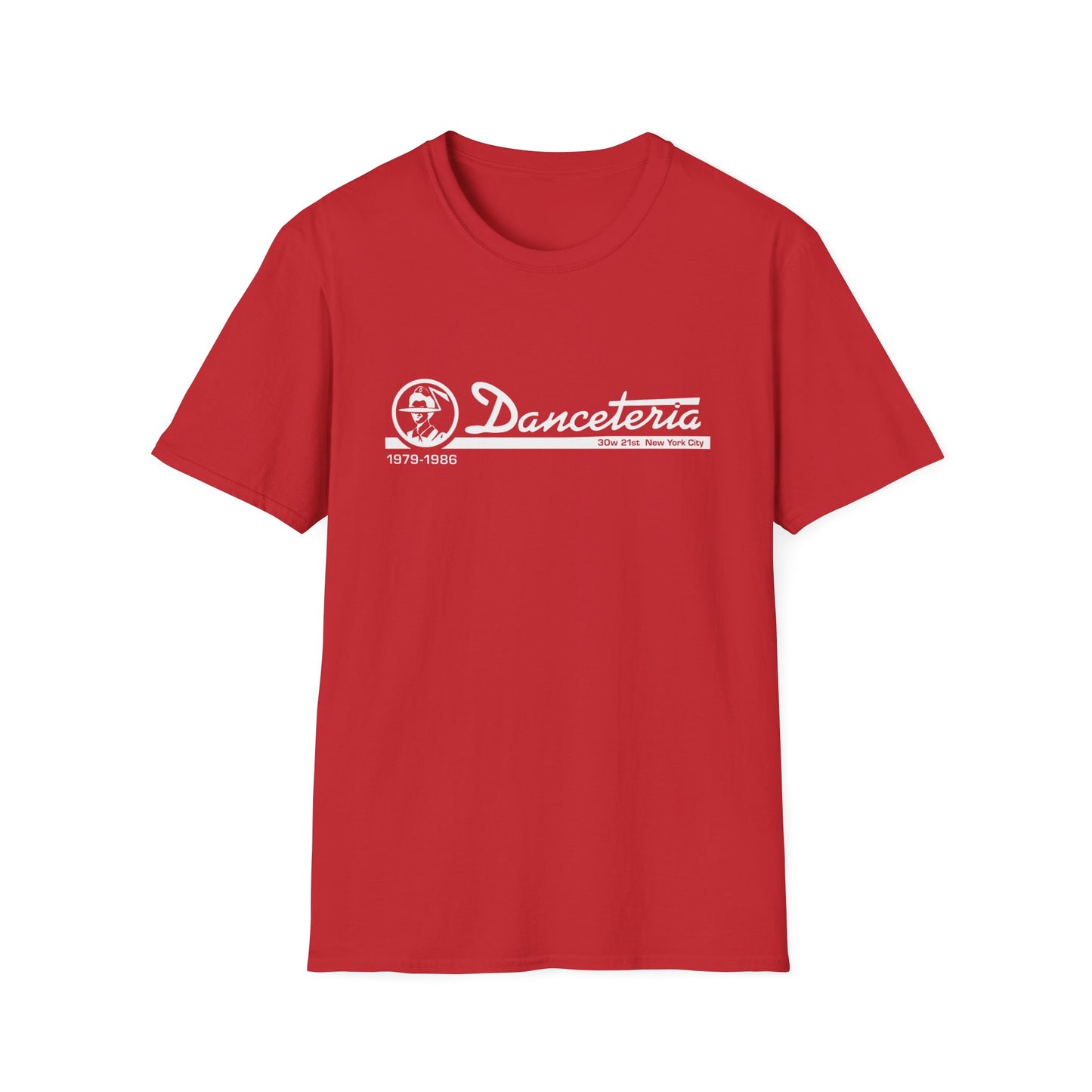 Red t-shirt with white Danceteria logo, 1979-1986, 30w 21st New York City.