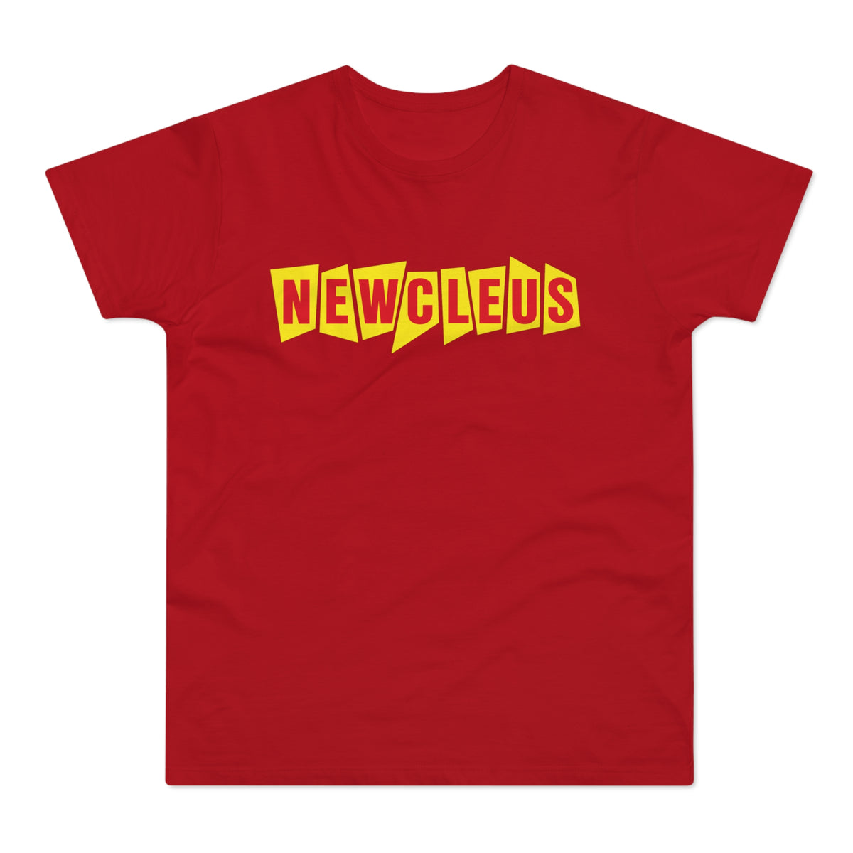 Red t-shirt with yellow text that reads "NEWCLEUS"