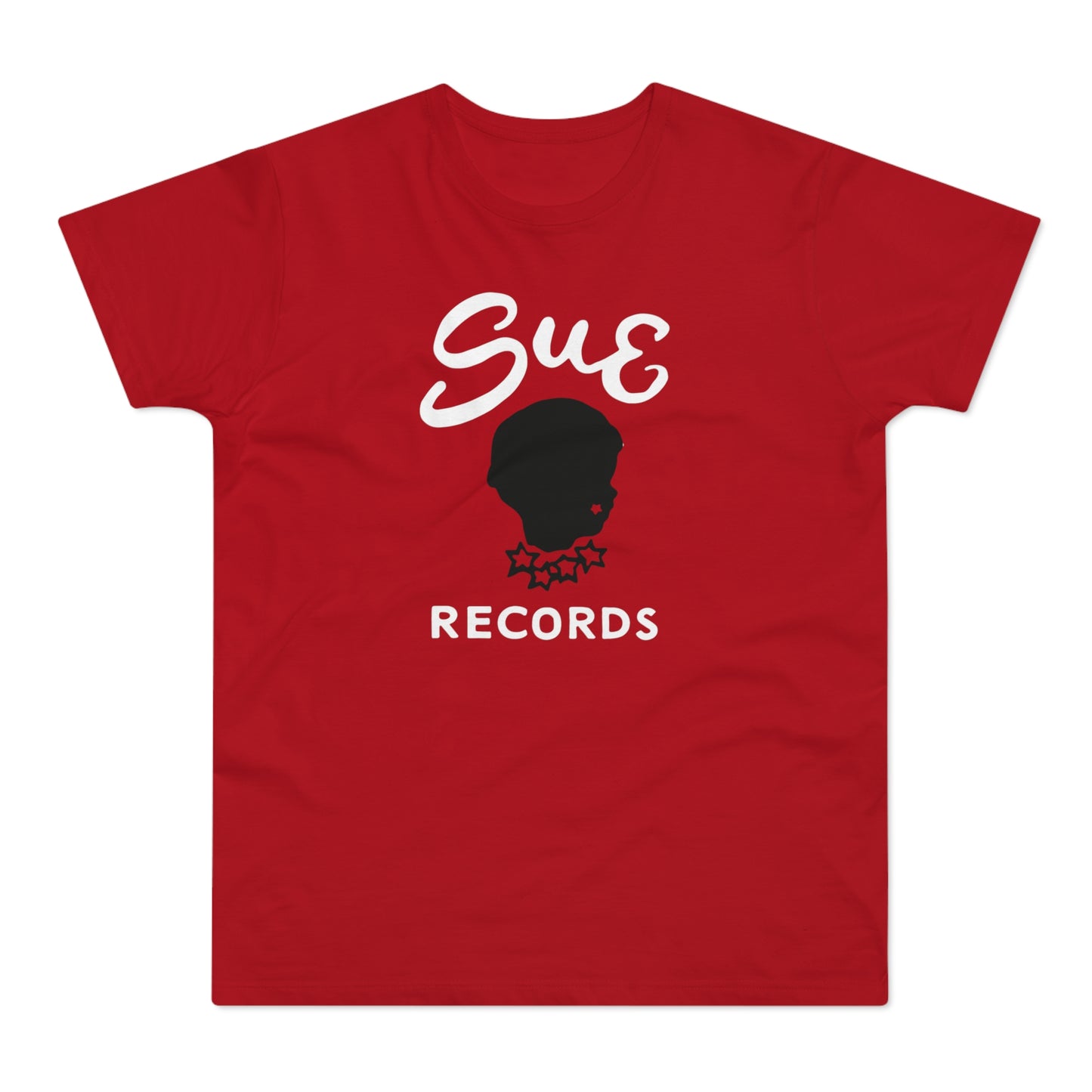 Red t-shirt with white "Sue Records" text and a black silhouette logo.
