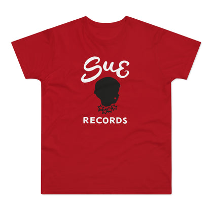 Red t-shirt with white "Sue Records" text and a black silhouette logo.