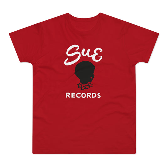 Red t-shirt with white "Sue Records" text and a black silhouette logo.