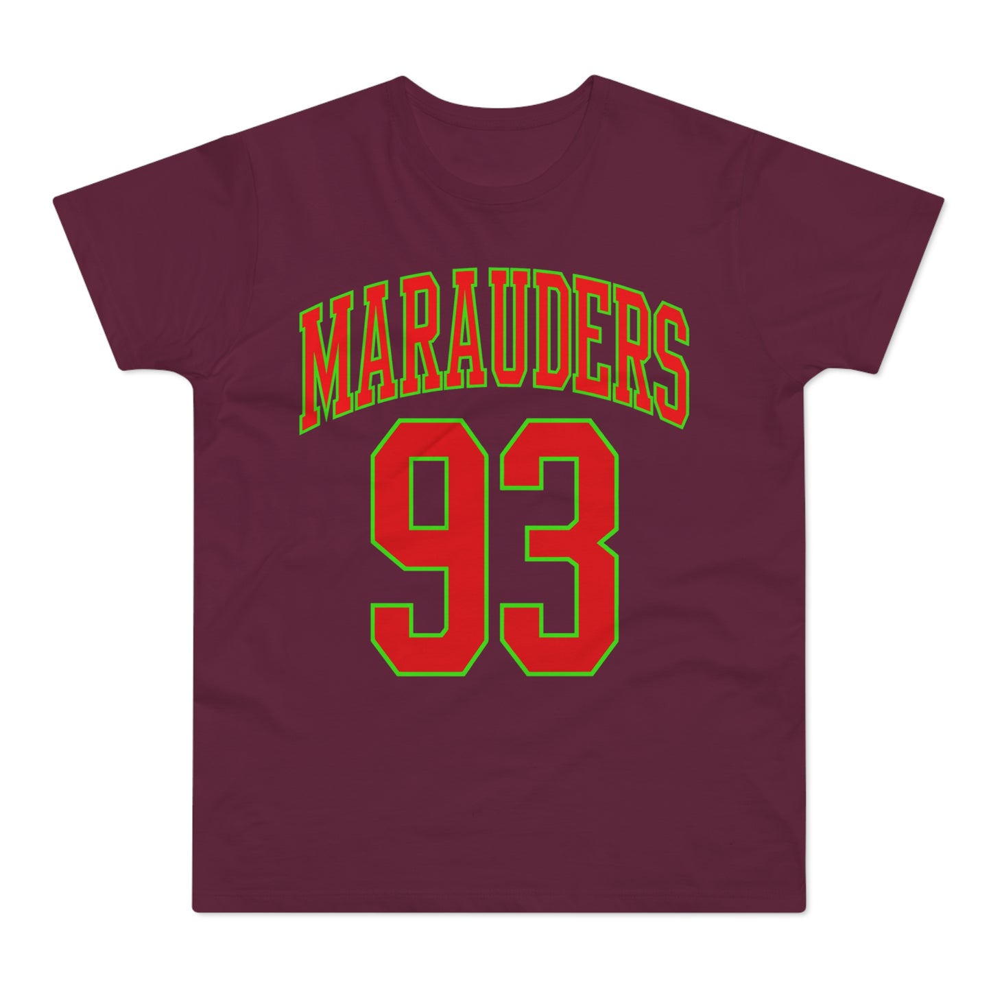 Maroon t-shirt with red and green "Marauders 93" text.