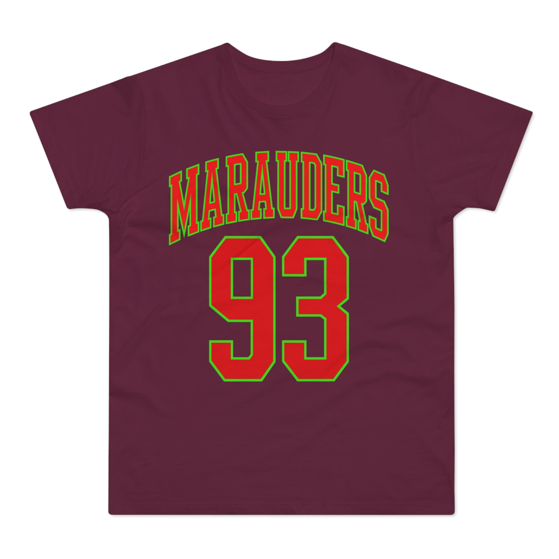 Maroon t-shirt with red and green "Marauders 93" text.