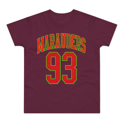 Maroon t-shirt with red and green "Marauders 93" text.