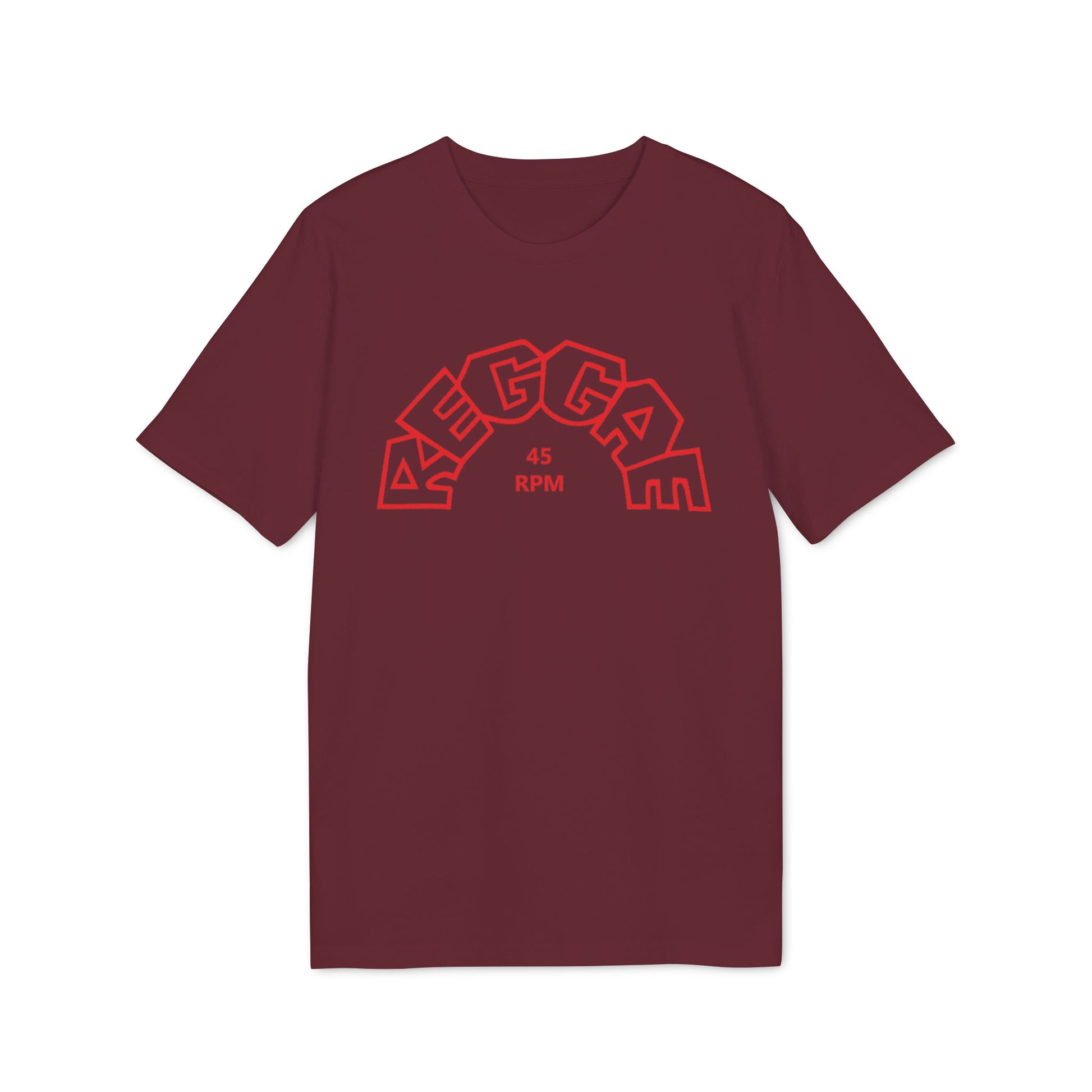 Burgundy t-shirt with red "REGGAE" text and "45 RPM" detail.