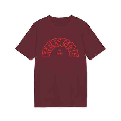 Burgundy t-shirt with red "REGGAE" text and "45 RPM" detail.