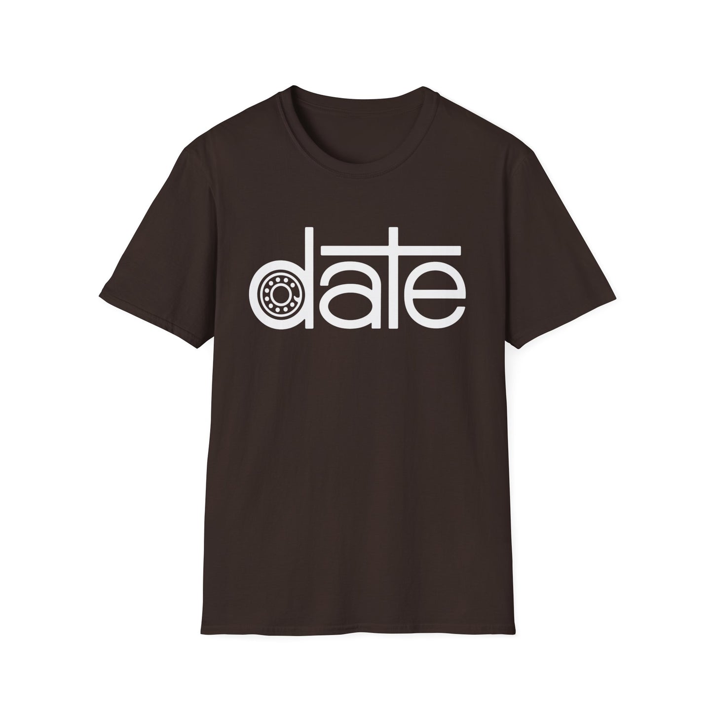 Brown t-shirt with white text and a gear graphic reading "date".