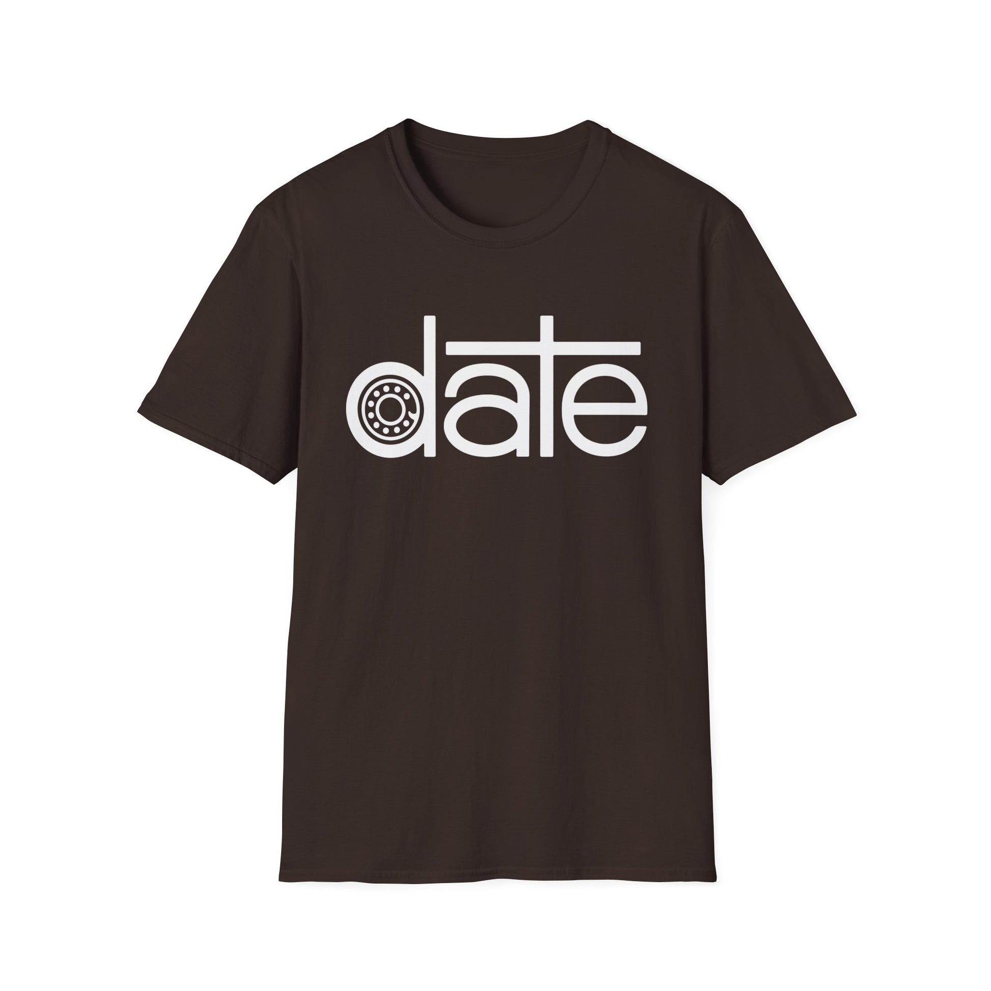 Brown t-shirt with white text and a gear graphic reading "date".