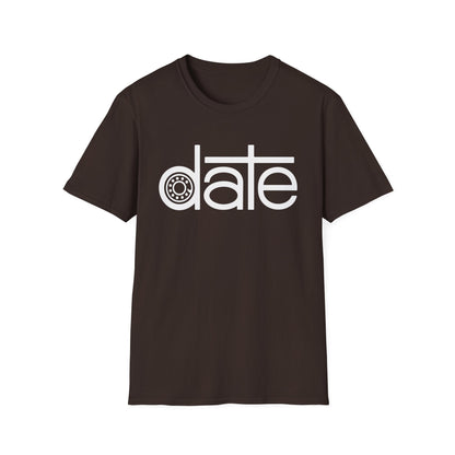 Brown t-shirt with white text and a gear graphic reading "date".