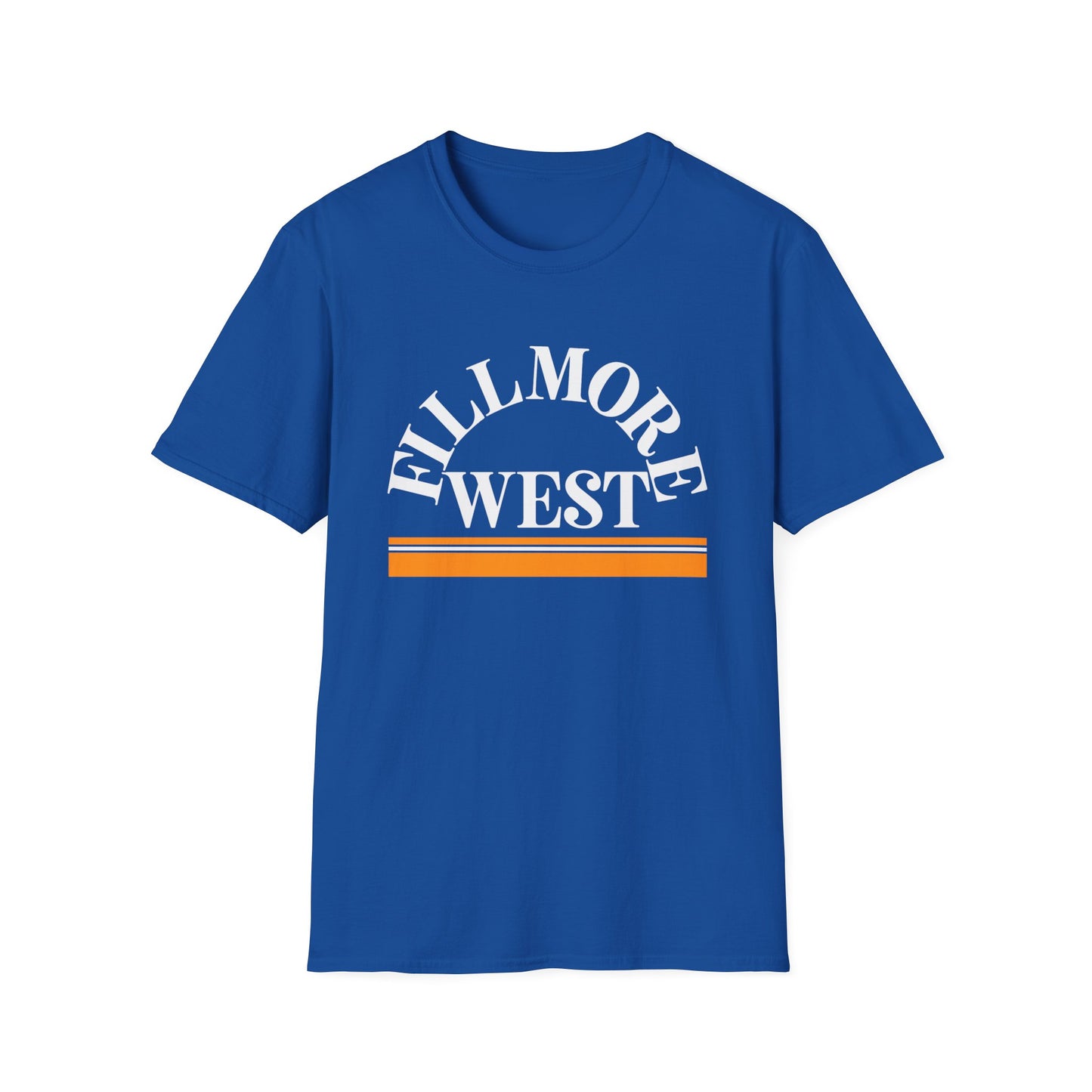 Blue t-shirt with white text "Fillmore West" and orange stripes.