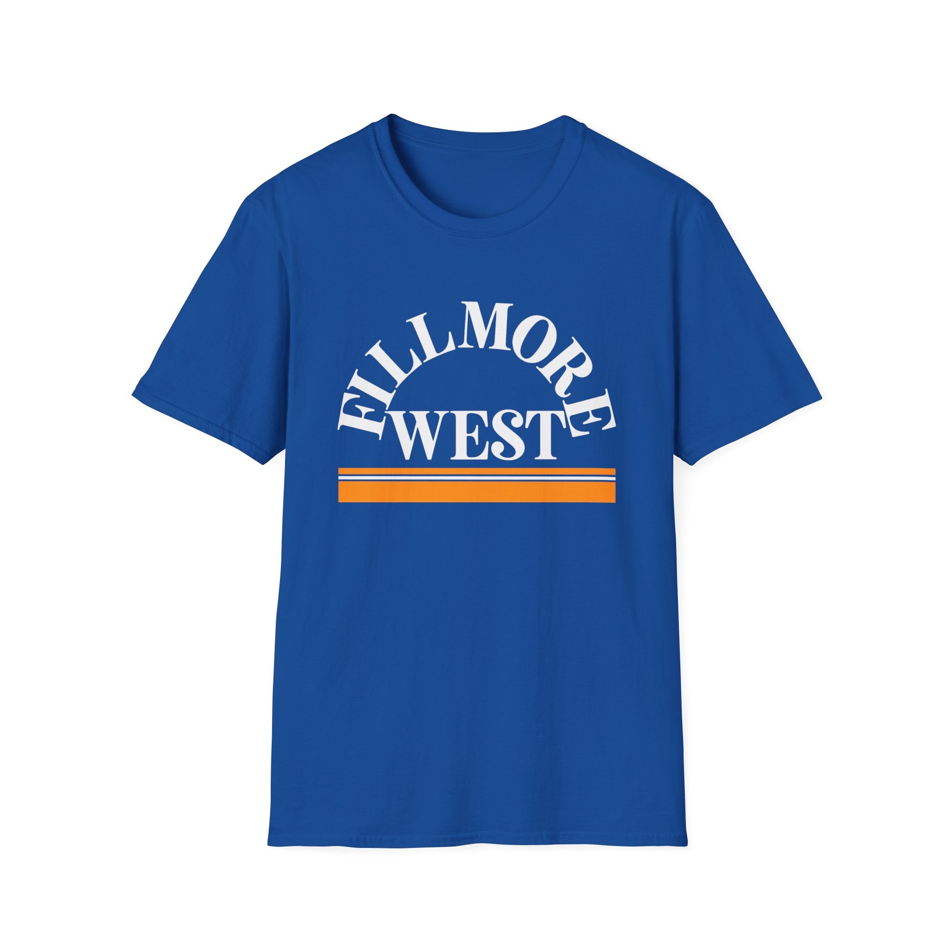 Blue t-shirt with white text "Fillmore West" and orange stripes.