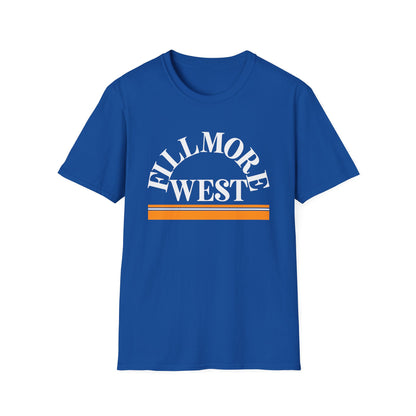 Blue t-shirt with white text "Fillmore West" and orange stripes.