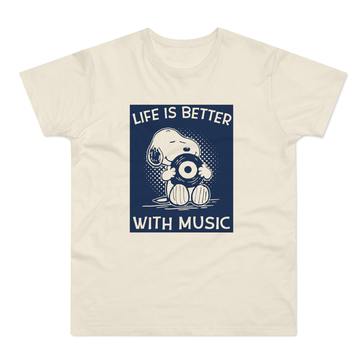 Snoopy holding a record says "Life is better with music".