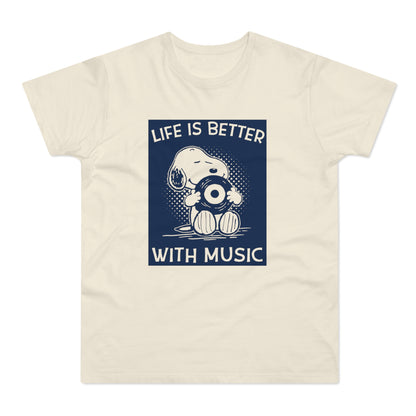 Snoopy holding a record says "Life is better with music".