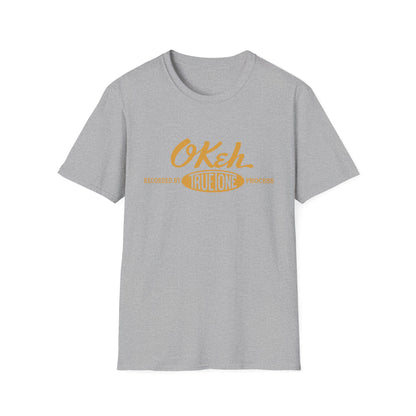 Grey t-shirt with orange "O'Keh" logo and "Recorded by True Tone Process" text.