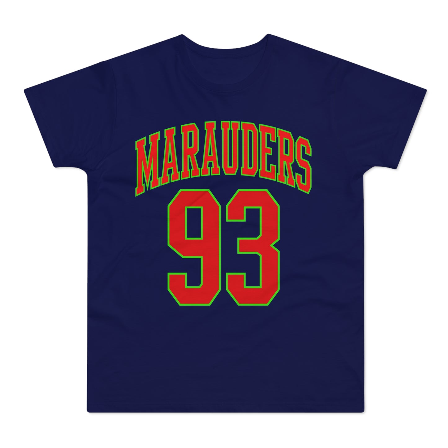 Navy t-shirt with "MARAUDERS" in red outlined in green, and "93" in red outlined in green.