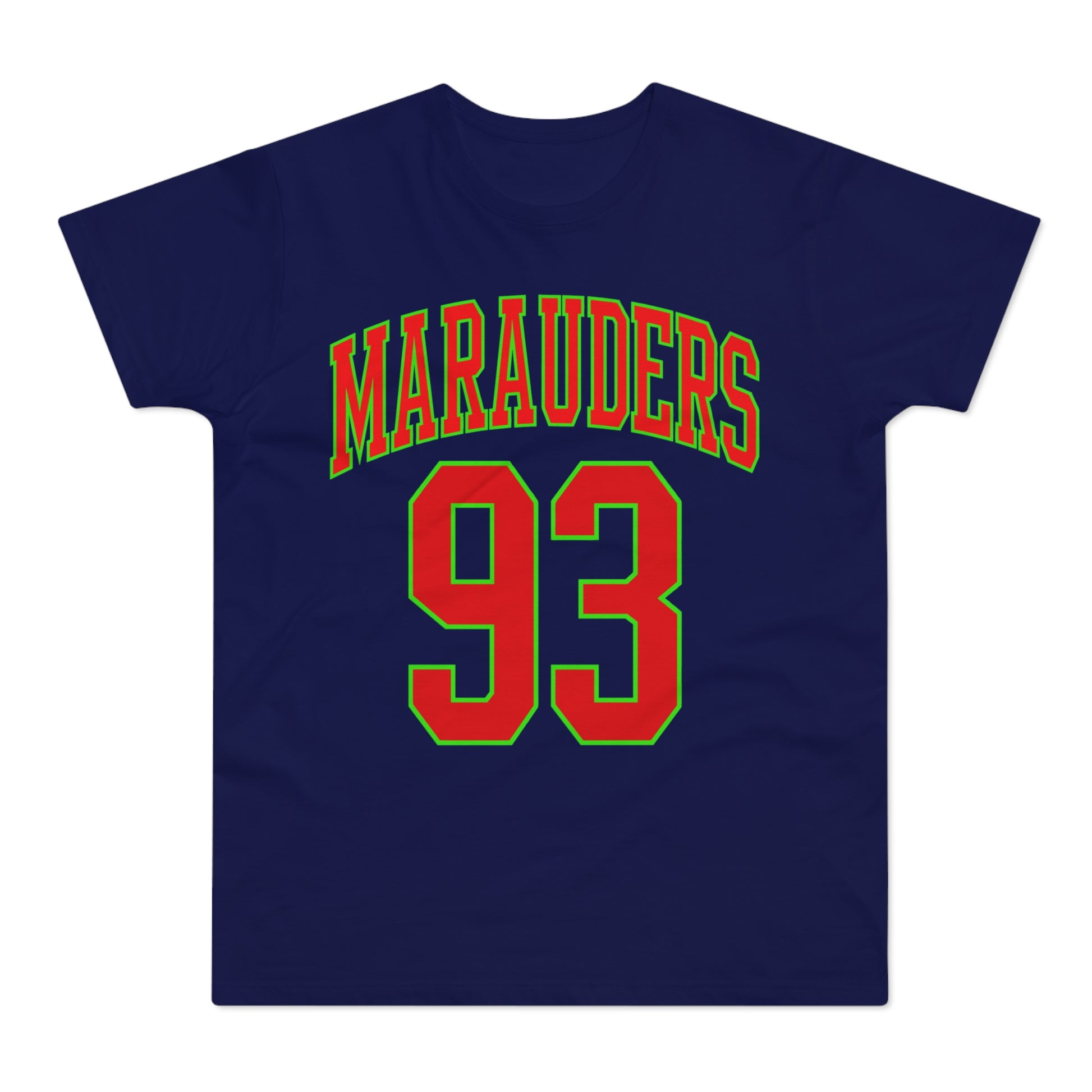 Navy t-shirt with "MARAUDERS" in red outlined in green, and "93" in red outlined in green.