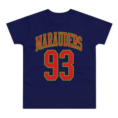 Navy t-shirt with "MARAUDERS" in red outlined in green, and "93" in red outlined in green.