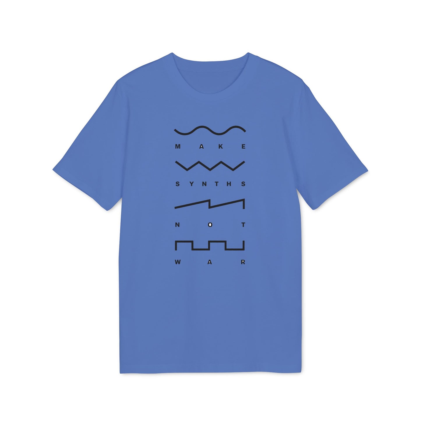 Blue t-shirt with "MAKE SYNTHS NOT WAR" text and synthesizer wave graphics.