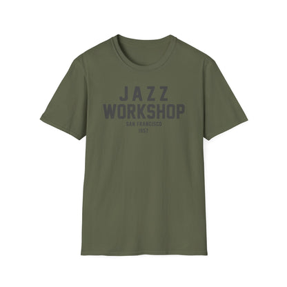 Olive green t-shirt with "JAZZ WORKSHOP SAN FRANCISCO 1957" text.