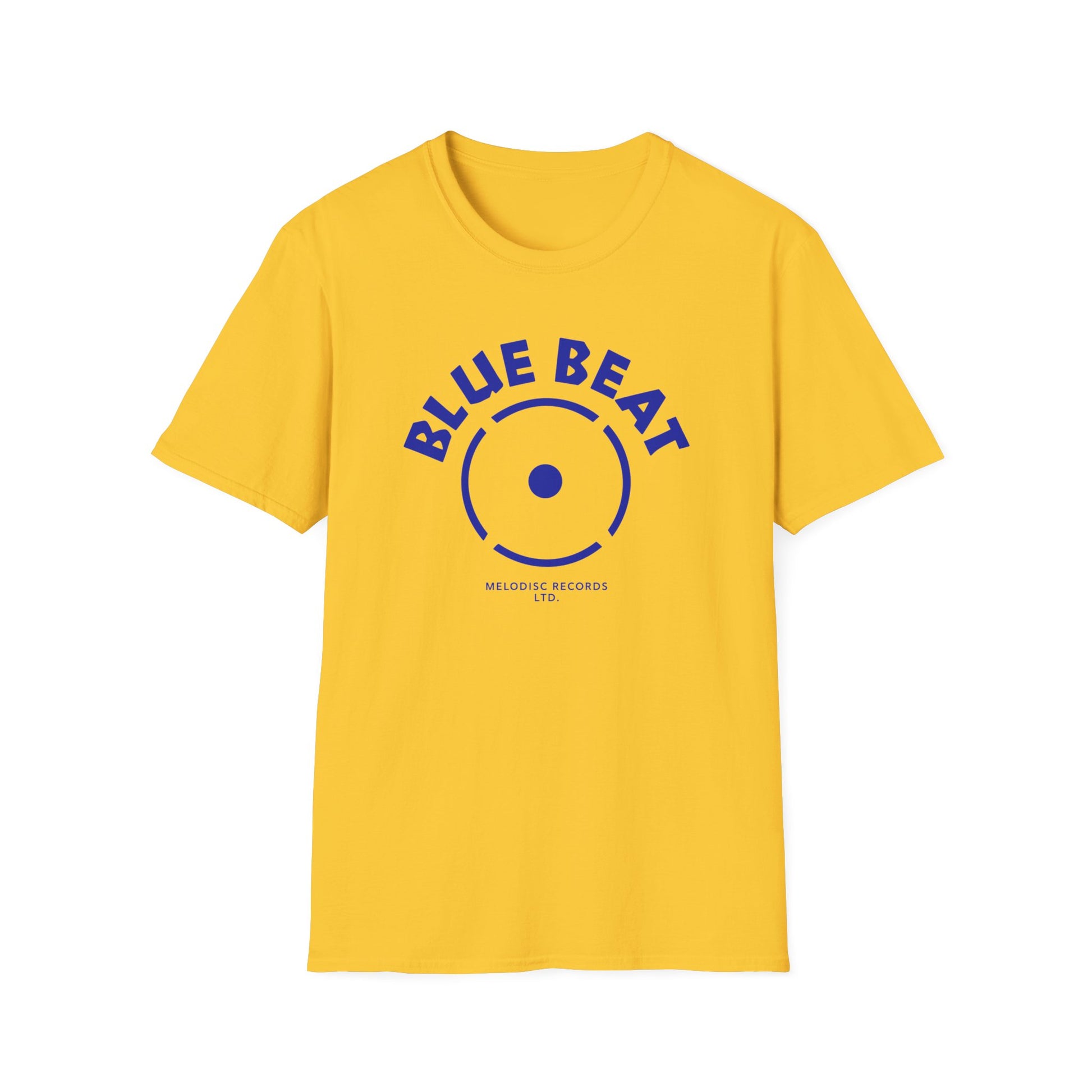 Yellow t-shirt with blue "BLUE BEAT" text and record graphic, Melodisc Records Ltd.