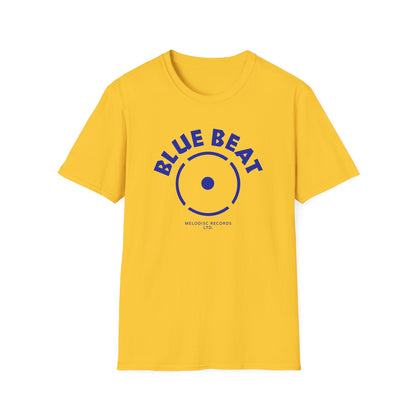 Yellow t-shirt with blue "BLUE BEAT" text and record graphic, Melodisc Records Ltd.