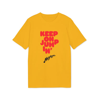 A gold short-sleeve t-shirt with red block lettering that reads KEEP ON JUMPIN and black script reading Musique.