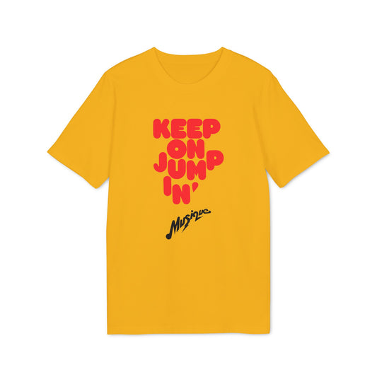 A gold short-sleeve t-shirt with red block lettering that reads KEEP ON JUMPIN and black script reading Musique.