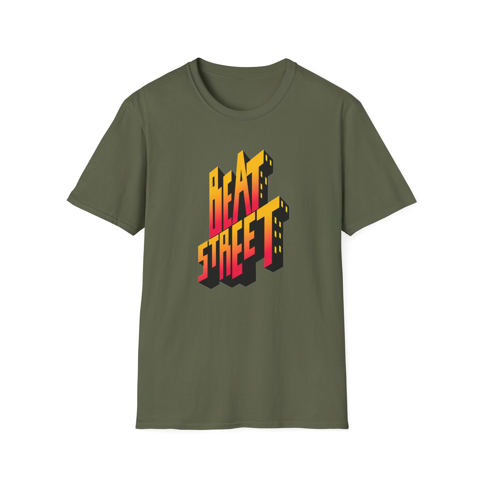 Green t-shirt with red and yellow 3D text reading "BEAT STREET" designed as buildings.