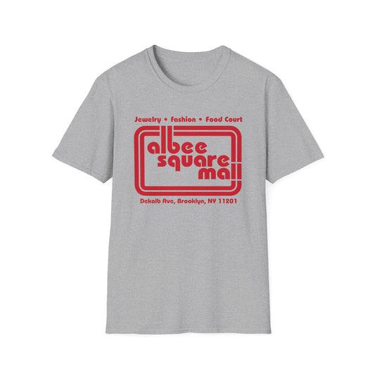 Grey t-shirt with red "Albee Square Mall" logo and Brooklyn address.