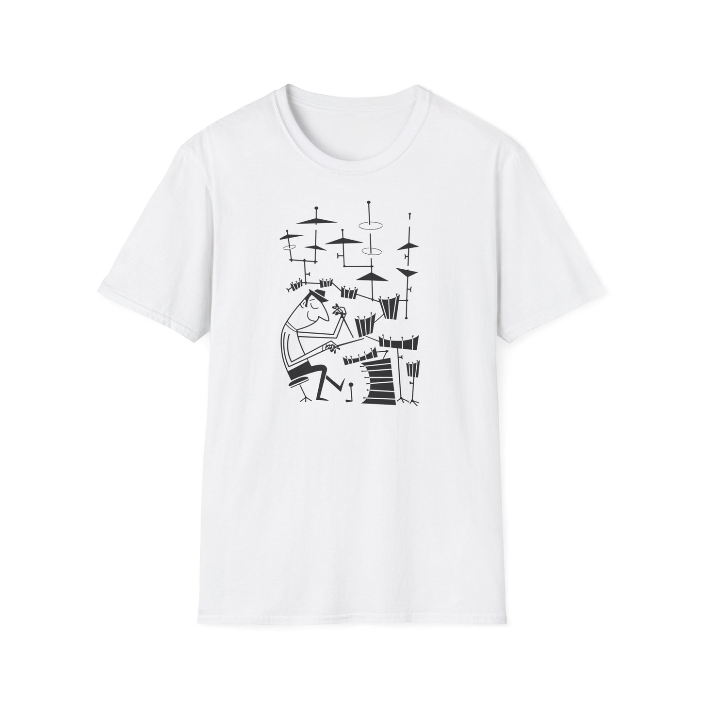 White t-shirt with a black line drawing of a caricatured drummer playing a drum set.