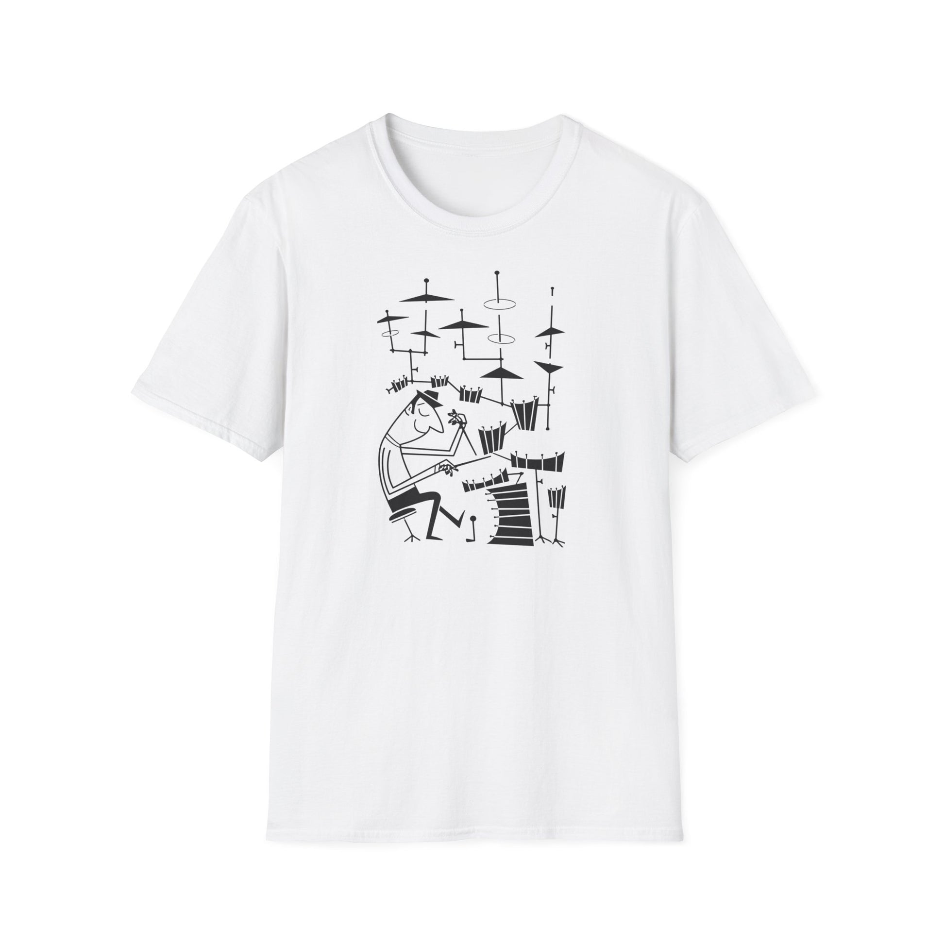 White t-shirt with a black line drawing of a caricatured drummer playing a drum set.