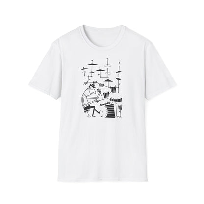 White t-shirt with a black line drawing of a caricatured drummer playing a drum set.