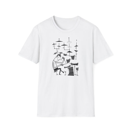 White t-shirt with a black line drawing of a caricatured drummer playing a drum set.