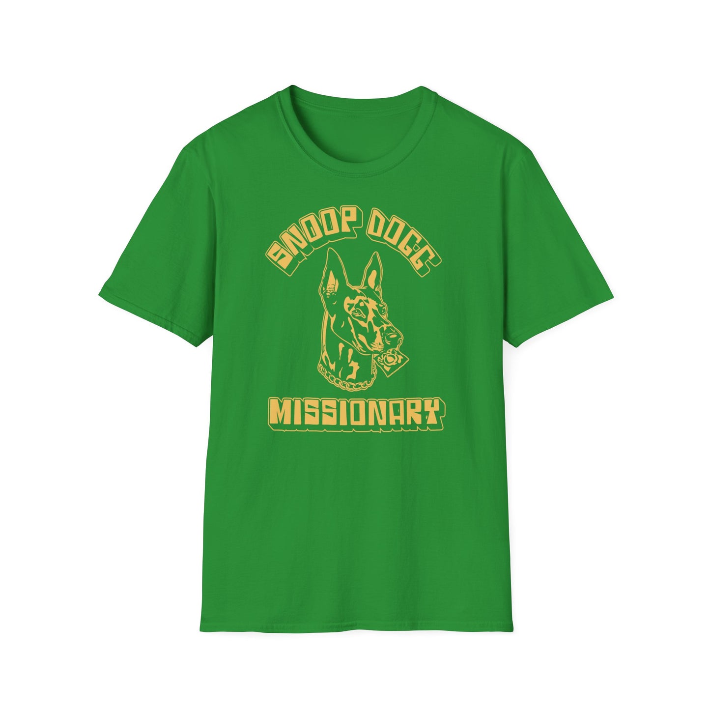 Green t-shirt with a yellowish-orange graphic of a dog holding a condom.