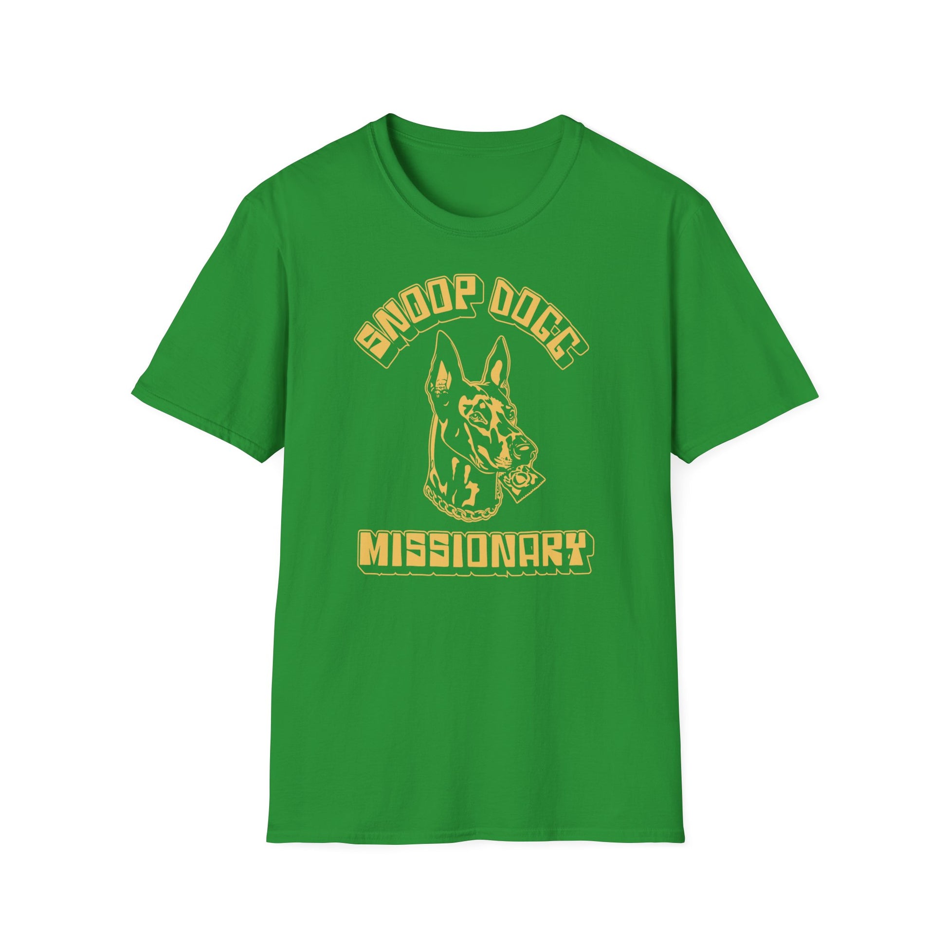 Green t-shirt with a yellowish-orange graphic of a dog holding a condom.