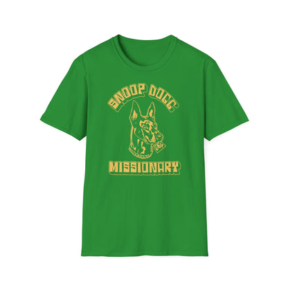 Green t-shirt with a yellowish-orange graphic of a dog holding a condom.