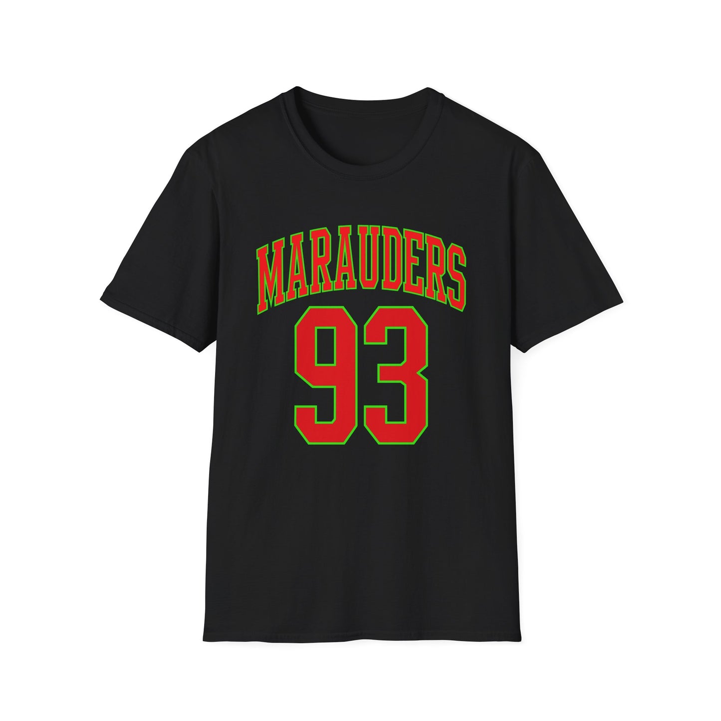 Black t-shirt with green and red "Marauders 93" text graphic.