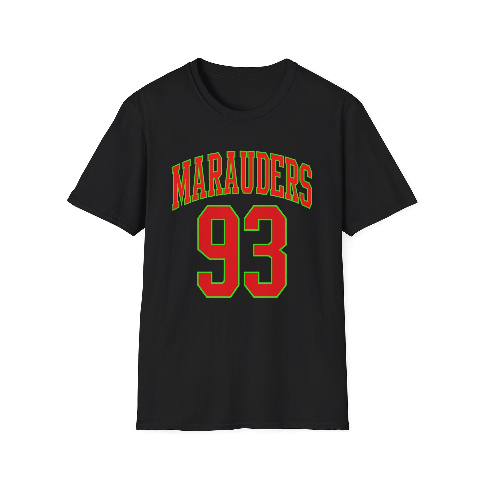 Black t-shirt with green and red "Marauders 93" text graphic.